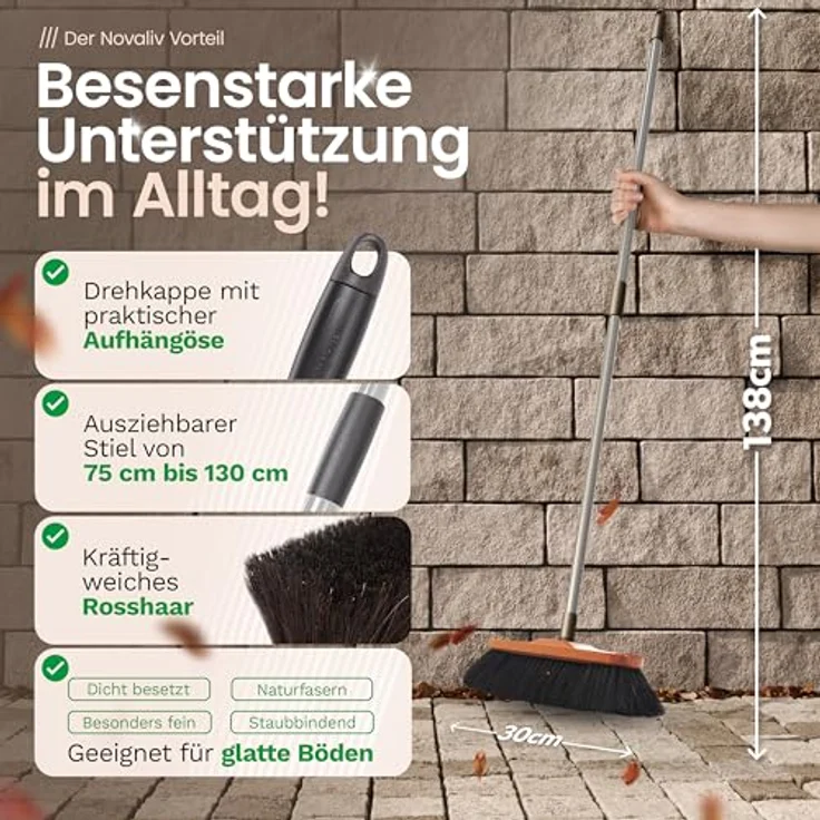 Novaliv Kehrgarnitur 19528-19527-19522, Handfeger und Teleskop-Zimmerbesen mit Rosshaar-Mischung, Maße Handfeger 29x7x8 cm, ausziehbarer Stiel von 74 cm bis 129 cm – Bild 3