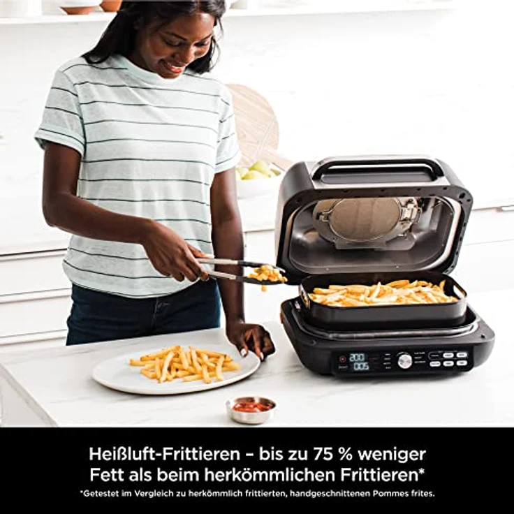 Ninja MAX PRO AG651EU Heißluftfritteuse, 2460W, 3,8 Liter, 7 Garfunktionen, 2 austauschbare Grillplatten, spülmaschinenfeste Teile, mit Deckel, antihaftbeschichtet, inkl. Plancha, schwarz – Bild 4