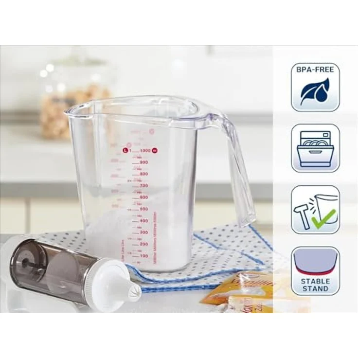 Leifheit Messbecher 1L, mit mehrsprachigen Messskalen für Mehl, Zucker und Flüssigkeiten, gummierter Boden, spülmaschinengeeignet, ideal zum Backen und Kochen, measuring cup, Messkanne – Bild 2