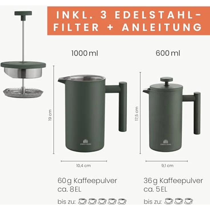 GRØNENBERG French Press Kanne 0,6 oder 1 Liter, Edelstahl Kaffeebereiter mit Thermo Effekt, inkl. 3 Ersatz-Filter – Bild 7