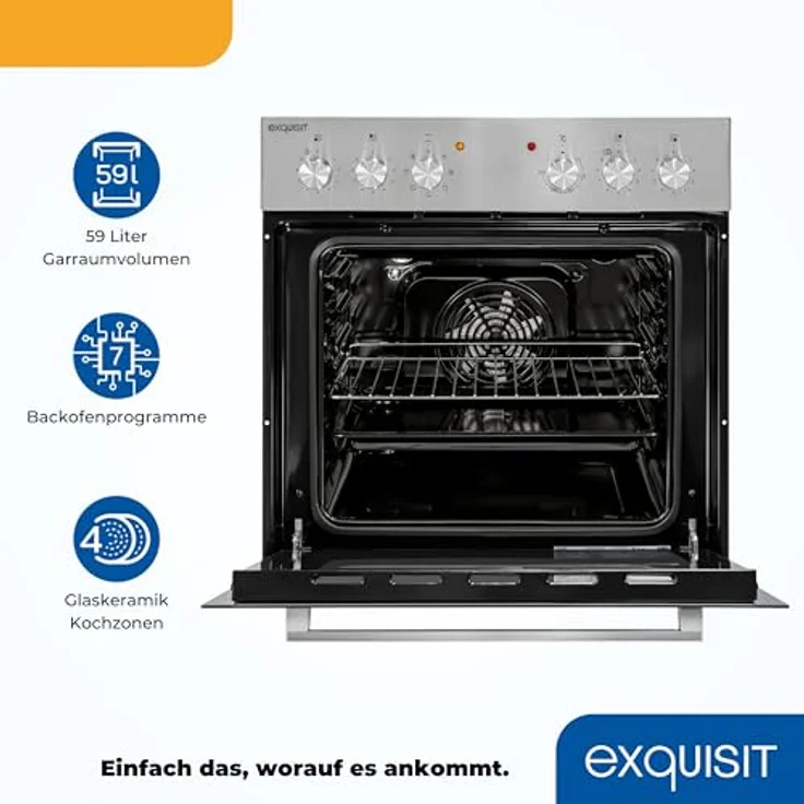 Exquisit Einbauherdset EHE 156-2.1 UBZ-Set | 59 l Garraumvolumen | 7 Backofenprogramme | Energieklasse A | Inoxlook Kochfeld mit Grill – Bild 3