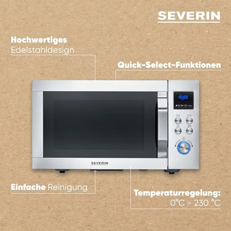 SEVERIN 4-in-1 Mikrowelle „Crispy Wave“, Heißluftfunktion bis 230°C, Heißluftfritteuse, Grill & Backofen, 25L, 2150 W, Silber/Edelstahl, MW 7982 – Bild 2