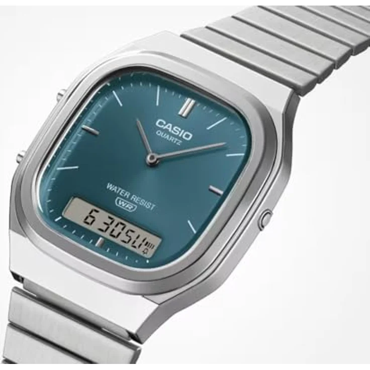 Casio Edgy Collection Herrenuhr AnaDigi Petrol AQ-240E-3AEF, Quarzwerk mit Edelstahlarmband, Stoppuhr, Alarm und Kalendereinstellungen, blau – Bild 3