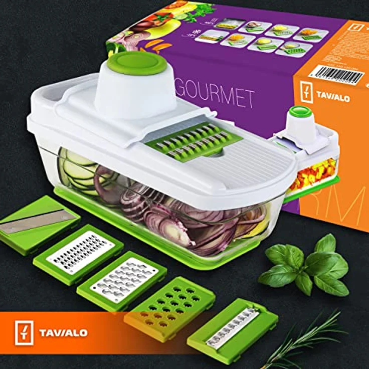 TAVIALO Gemüsehobel Edelstahl Mandoline Set – 6-in-1 mit BPA- und PFOA-freiem Glasbehälter, spülmaschinenfest, ideal für Gemüse, Obst & Meal-Prep – Bild 3