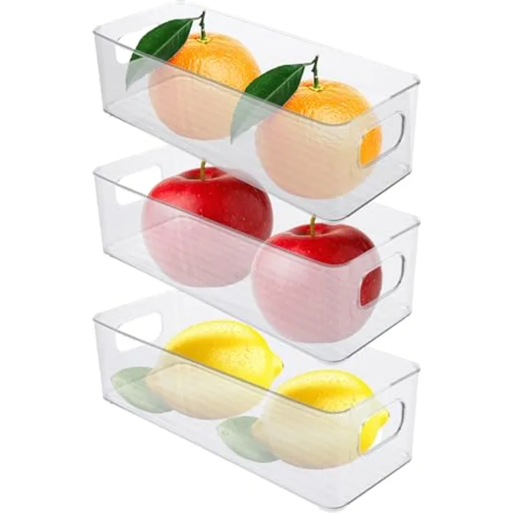 ASelected Kühlschrank Organizer Set, 3 Stück stapelbare Aufbewahrungsboxen, transparent, ideal für Obst, Gemüse und Snacks, leicht zu reinigen