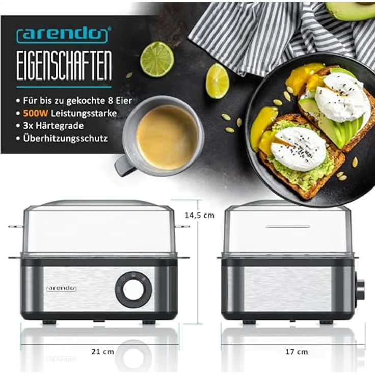 Arendo Eierkocher Edelstahl für 1 bis 8 Eier - Egg Cooker - 500 W ? Kontroll Leuchte ? Drehregler für drei Härtegrade - spülmaschinengeeignet - Edelstahl gebürstet – Bild 3