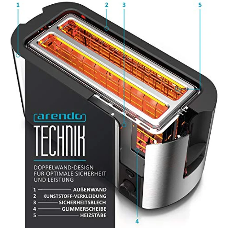 Arendo Edelstahl Toaster Langschlitz 4 Scheiben - Defrost Funktion - wärmeisolierendes Gehäuse - mit integrierten Brötchenaufsatz - 1500W - Krümelschublade - Display mit Restzeitanzeige - silber – Bild 6