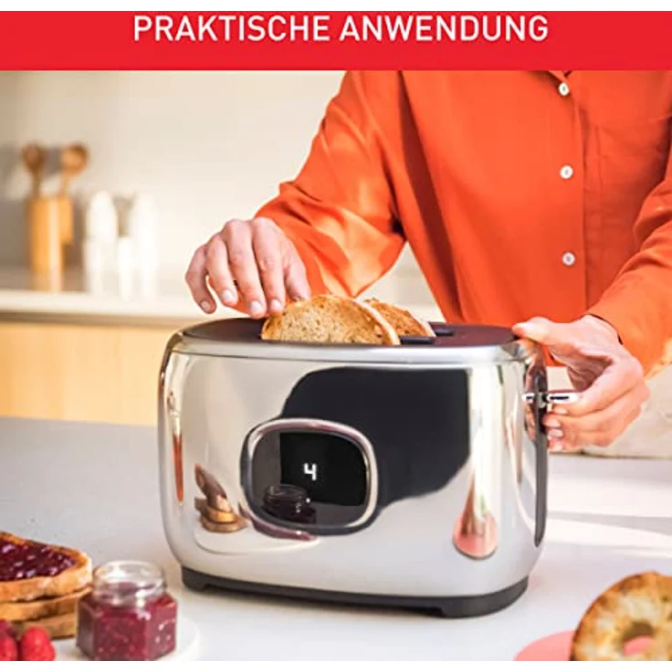 Tefal TT883D Majestuo Doppelschlitz-Toaster | Touchscreen-Display | 2 personalisierbare Shortcuts | 1050 Watt | Anhebevorrichtung | Auftau- und Aufwärmfunktion | Stopp-Taste | Edelstahl/Schwarz – Bild 3