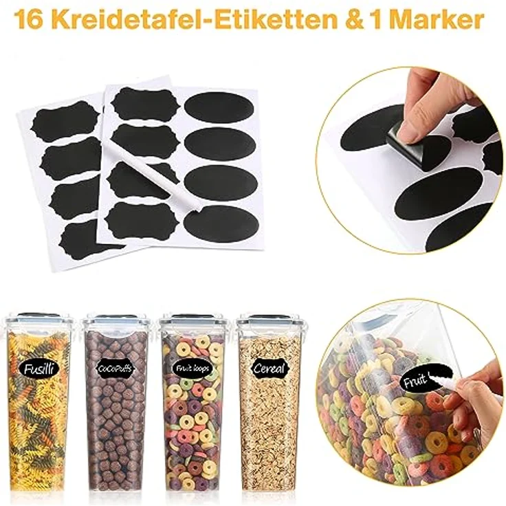 YASHE Vorratsbehälter YH-308-6PCS, 6 x 3,7 L, luftdicht, stapelbar, transparent, mit Etiketten und Messlöffeln – Bild 6