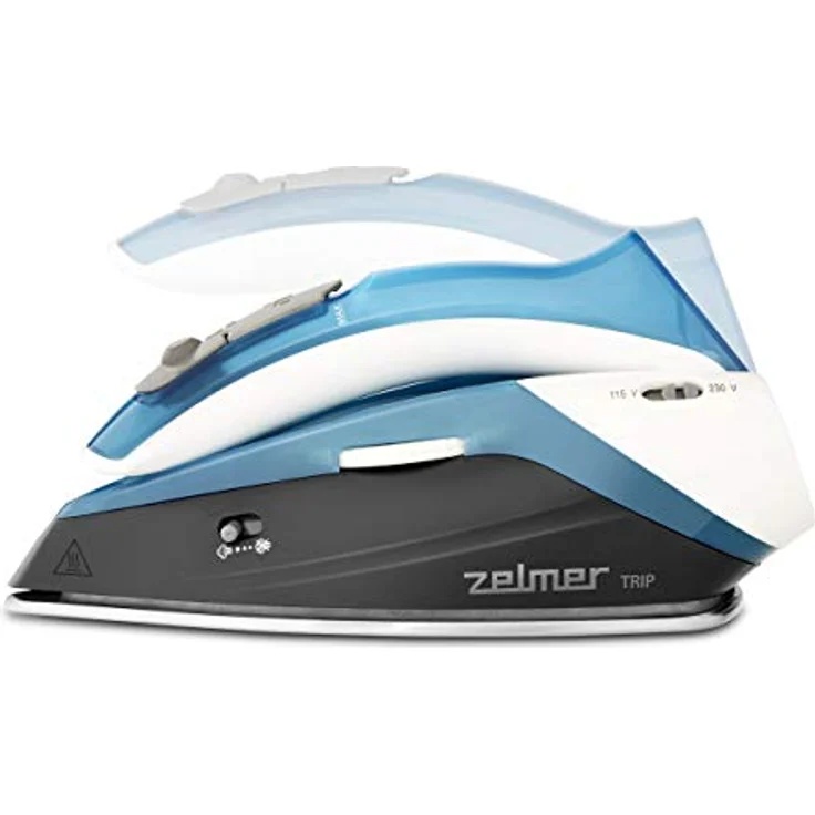 Zelmer Iron Travel ZIR0500, Dampfbügeleisen mit Edelstahl-Bügelsohle, 1100 Watt, 75 g/min Dampfausstoss, blau und weiss – Bild 1