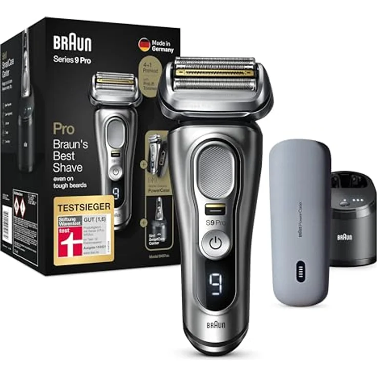 Braun Series 9 Pro Premium Rasierer Herren mit 4+1 Scherkopf, Elektrorasierer & ProLift Trimmer, PowerCase, 5-in-1 Reinigungsstation, 60 Min. Laufzeit, Wet&Dry, 9497cc, silber – Bild 1