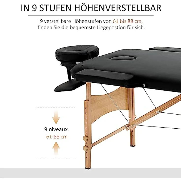HOMCOM Klappbares Massagebett, Massageliege mit Kopfstütze, Kunstleder, verstellbare Höhe, belastbar bis 250 kg, Schwarz – Bild 3