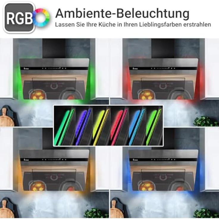 KKT KOLBE PLOOM6005M, Dunstabzugshaube 60 cm, A+++ Umluft/Abluft, 782 cbm/h, Schwarz Glas Spiegel, Nachlaufautomatik, Smart WiFi App, SensorTouch, RGBW LED-Beleuchtung – Bild 2