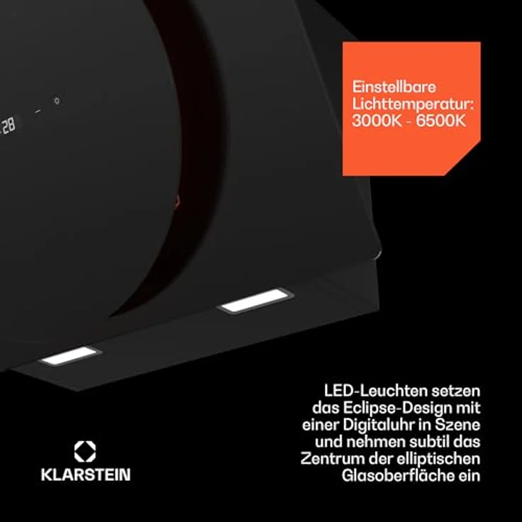 Klarstein Total Eclipse Dunstabzugshaube - 60 cm Kopffreihaube, LED-Beleuchtung 3000 K-6500 K, 600 m³/h, Touch-Steuerung, Energieeffizienz A, 61 dB, Umluft & Abluft, Schwarz – Bild 5