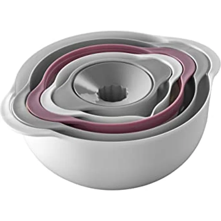 Zeller 26492 Multifunktions-Küchen-Set, 5-tlg., Kunststoff, ca. Ø 31,7 x 12,5 cm , weiß/grau/beere, Schüssel-Set Rund: Küchensieb mit Abgießfunktion, Rührschüssel, Salatschüssel, Zitronenpresse