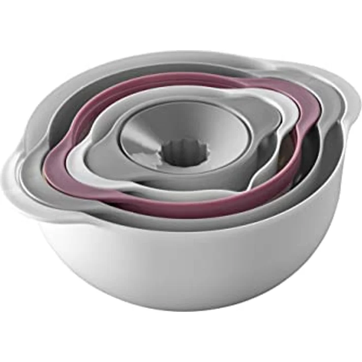Zeller 26492 Multifunktions-Küchen-Set, 5-tlg., Kunststoff, ca. Ø 31,7 x 12,5 cm , weiß/grau/beere, Schüssel-Set Rund: Küchensieb mit Abgießfunktion, Rührschüssel, Salatschüssel, Zitronenpresse – Bild 1