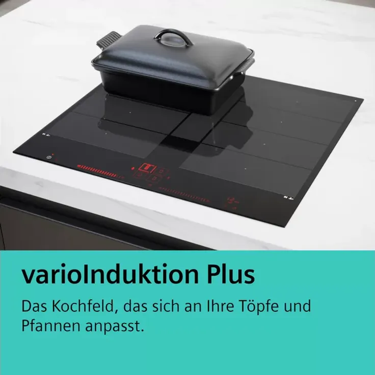 Siemens iQ700 EX875LYC1E Induktionskochfeld, Einbau, Autark, Betriebsart elektrisch, 4 Kochstellen, Timer, Topferkennung, Material Glaskeramik, mit Rahmen aufliegend, schwarz – Bild 6