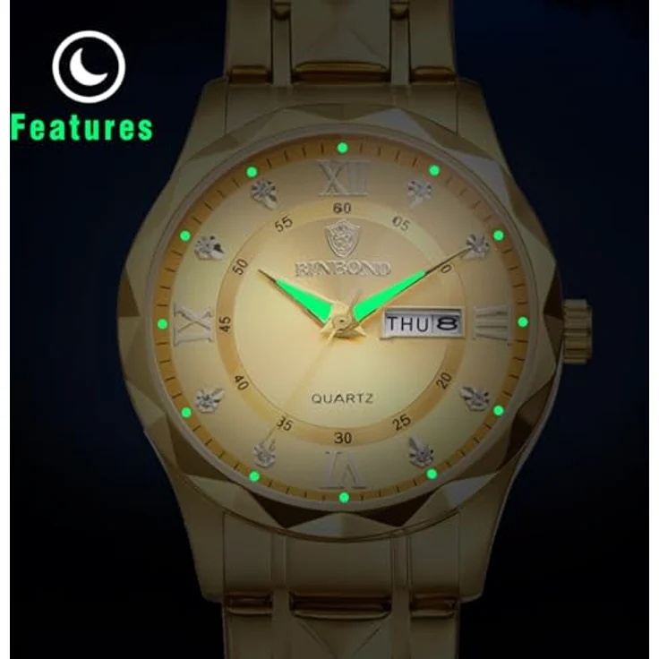JewelryWe Herrenuhr Gold Edelstahlarmband, 30m wasserdicht, Kalender, Analog Quarz mit römischen Ziffern und leuchtenden Zeigern – Bild 3