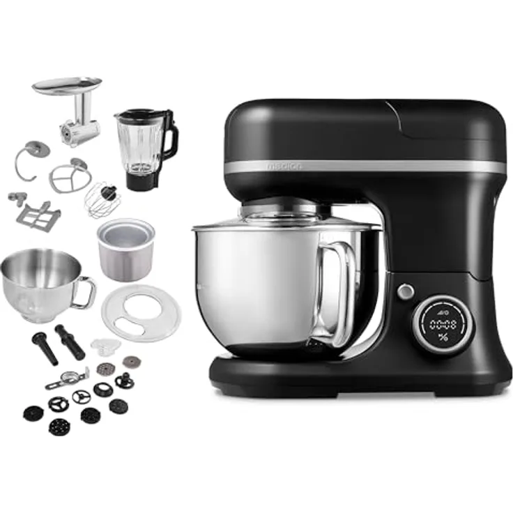 MEDION MD18440 4 in 1 Universal Küchenmaschine, 1.200 Watt, 8 Stufen, digitale Steuerung, schwarz