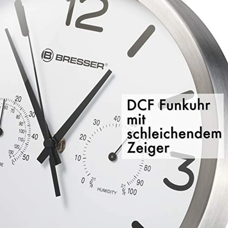 Bresser Funkuhr Wanduhr MyTime ND Thermo-Hygro mit geräuschlosem Funkuhrwerk, Edelstahlrahmen und Anzeige für Temperatur und Luftfeuchtigkeit, Weiß – Bild 4
