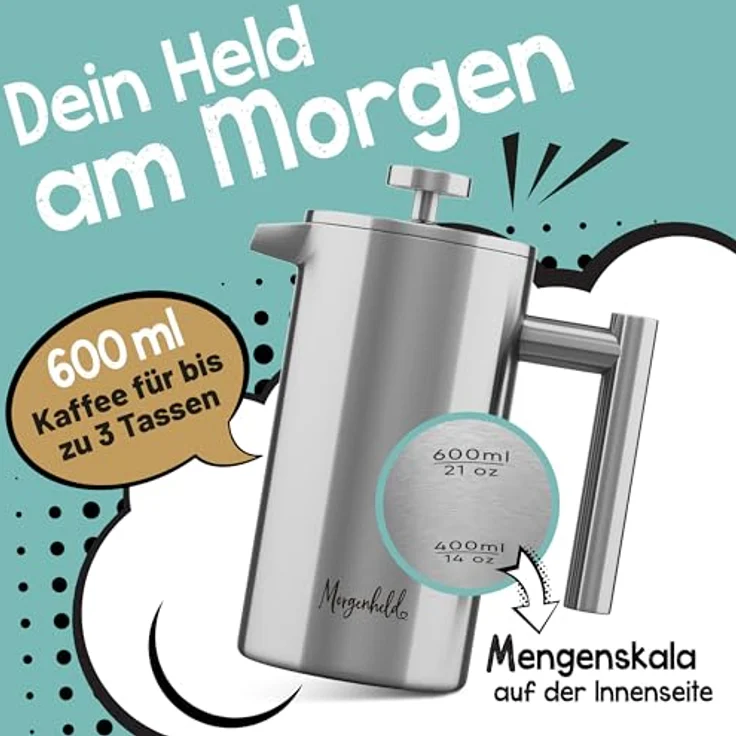 Morgenheld Premium Thermo Edelstahl French Press 600 ml, doppelwandige Kaffeepresse mit 3 Ersatzfiltern, rost- und aluminiumfrei, manuelle Kaffeezubereitung – Bild 2