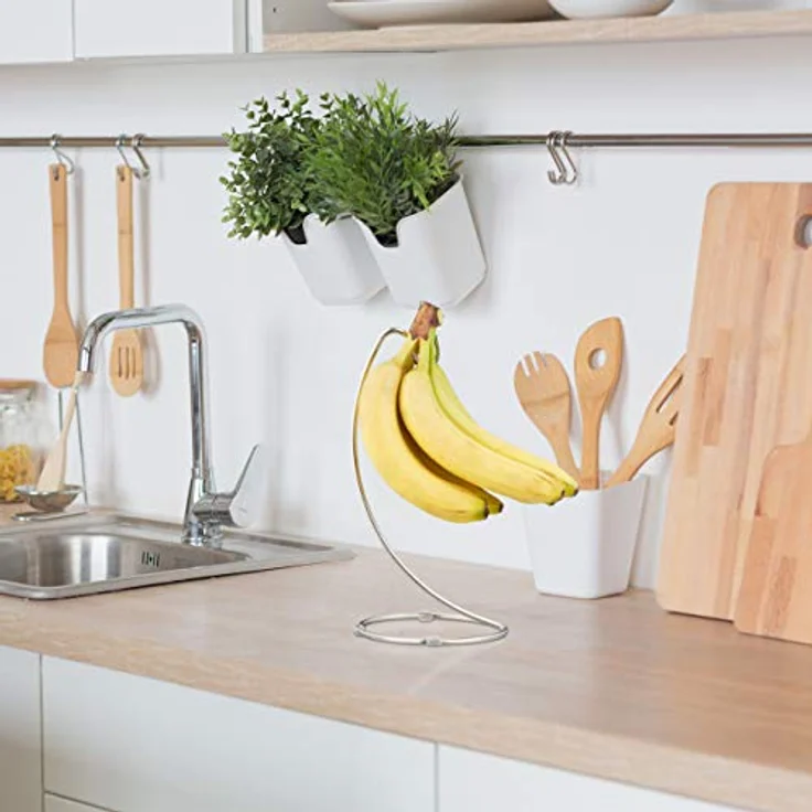 Relaxdays 2 x Bananenhalter, Obstaufbewahrung aus verchromtem Eisen, silber, mit rundem Standfuß und Bananenhaken – Bild 5
