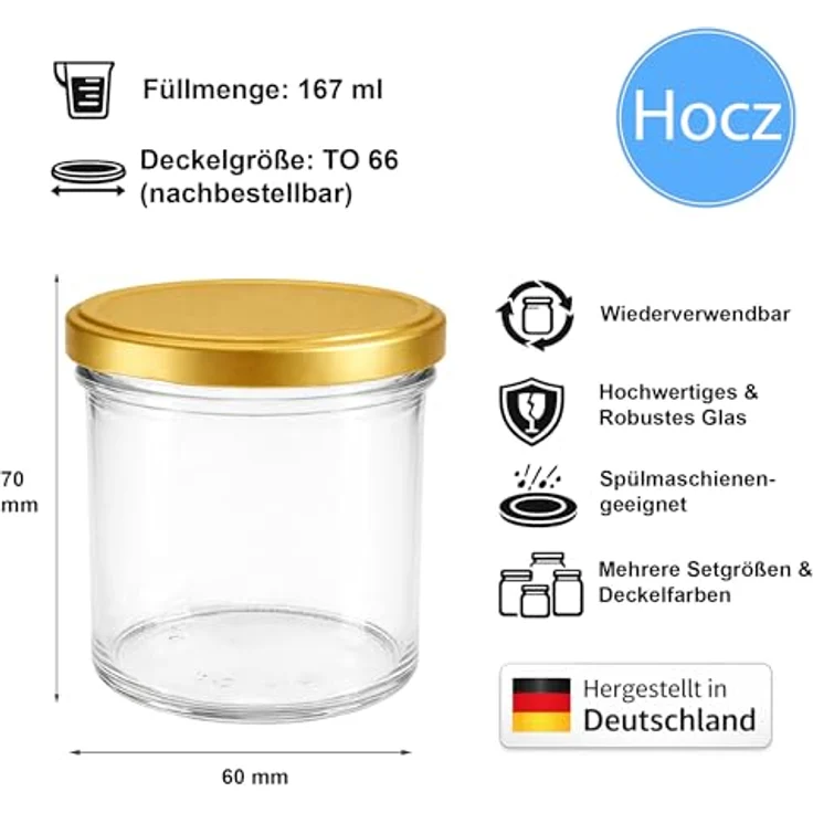 hocz Marmeladengläser 100x 167 ml, Einmachgläser mit goldenen Schraubdeckeln TO 66, luftdicht & spülmaschinenfest, ideal für Marmelade und kreative Geschenkideen – Bild 2
