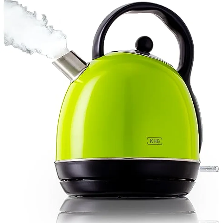 KHG Kessel-Wasserkocher WK-1711 Retro, Edelstahl, grün, 1,7 Liter, 2200 Watt, abwaschbarer Kalkfilter, Trockengehschutz, Abschaltautomatik, verdecktes Heizelement, BPA-frei