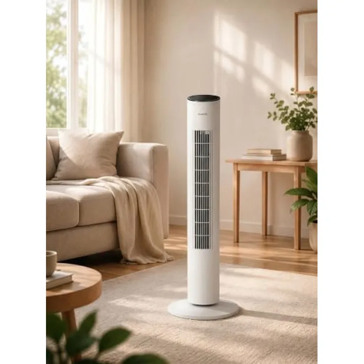 KUMTEL Standventilator, 50 W mit automatischer Abschaltfunktion und Fernbedienung, 60° Oszillation, weiß