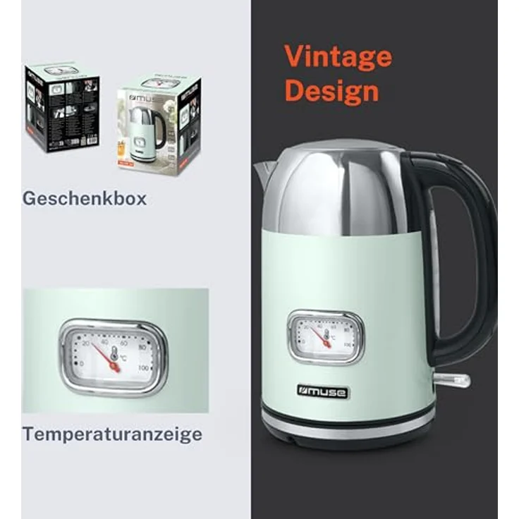 Muse Edelstahl Retro Wasserkocher MS-020, 1,7L mit analoger Temperaturanzeige, waschbarem Filter, automatischer Abschaltung, pastell-grün – Bild 4