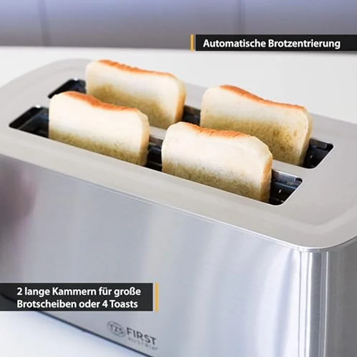 TZS First Austria FA-5367-5 Doppel-Langschlitz Toaster - 4 Scheiben, 1400W, Brötchenwärmer, Krümelablage, edelstahl – Bild 4