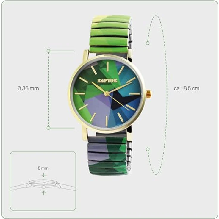 Raptor Colorful Edition Damen-Uhr, Quarz-Armbanduhr mit grünem Edelstahl Zugarmband und flexiblem Tragekomfort, 36 mm – Bild 4