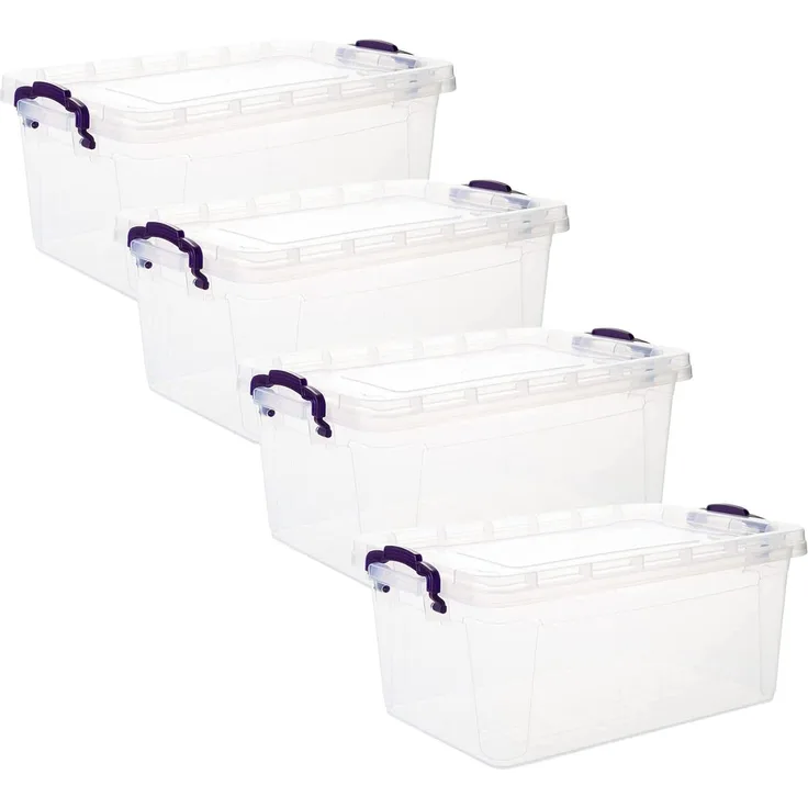 Centi Aufbewahrungsboxen mit Deckel (4er Set) – 5L transparente Kunststoffkisten mit Clipverschluss und ergonomischen Griffen