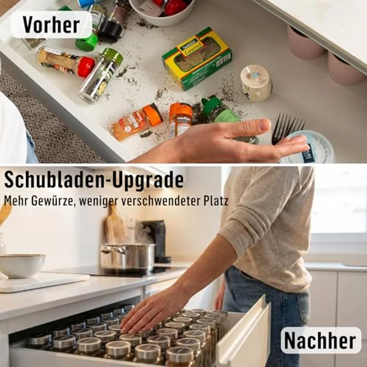 Deco haus® Gewürzgläser eckig, luftdicht 24er Set mit Etiketten & Streueinsatz, lebensmittelecht, inkl. Reinigungsbürste und Silikontrichter – Bild 5