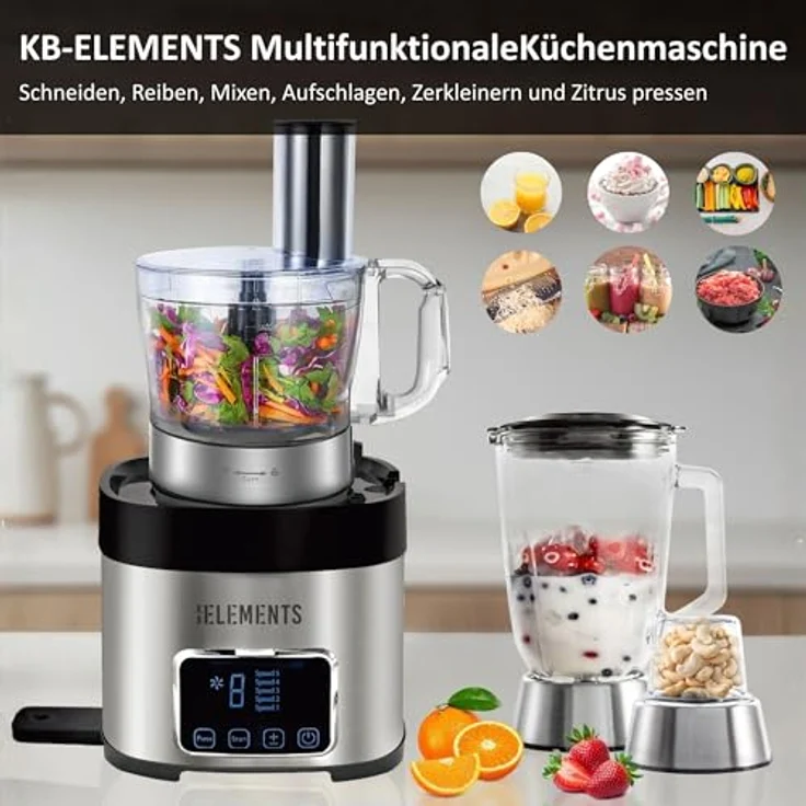 KB ELEMENTS Küchenmaschine - Mixer mit 800W Voll Kupfer Motor, Full Touch Display, Titan Schneideklinge, 1,5L Behälter, Edelstahl – Bild 5