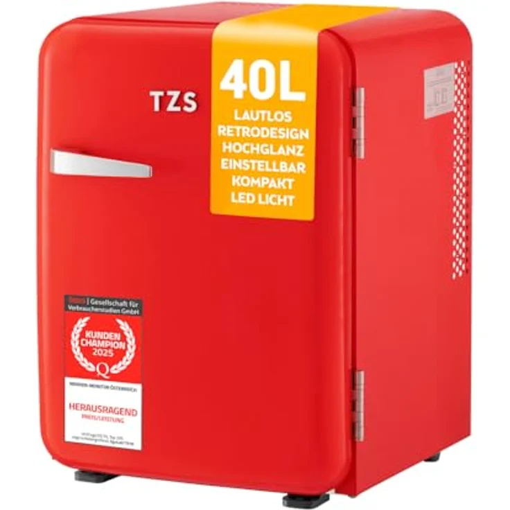 TZS First Austria Retro Mini Kühlschrank 40L lautlos, Vintage-Design mit Innenbeleuchtung & 2 Türfächern, rot – Bild 1