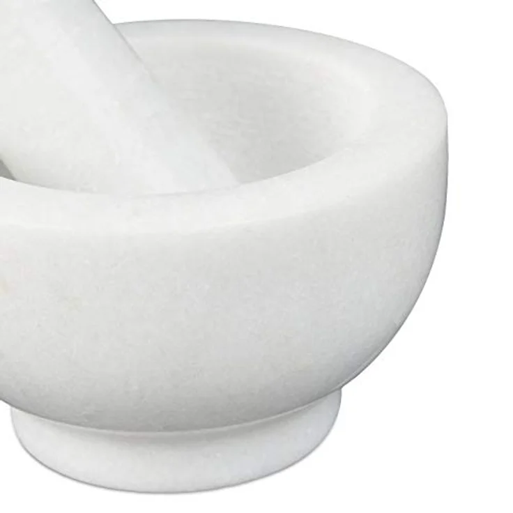 Relaxdays Marmor Mörser mit Stößel, robust & langlebig, Gewürze, Kräuter, polierter Steinmörser, Ø 10 cm, V 120 ml, weiß – Bild 7