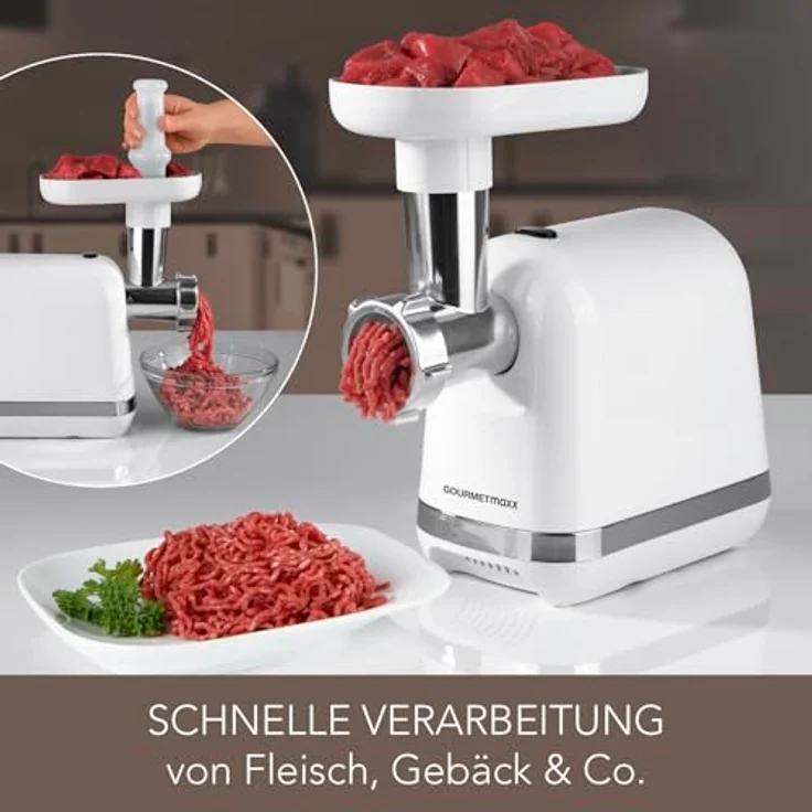 GOURMETmaxx Fleischwolf elektrisch, 1300 W mit 2 Lochscheiben & 3 Spezialaufsätzen für 1,5 kg Fleisch pro Minute – Bild 4