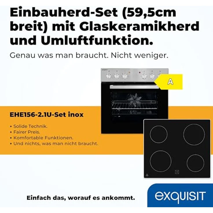 Exquisit Einbauherdset EHE156-2.1U-Set inox, 59 l Garraum, 7 Backofenfunktionen, Kochfeld mit Rahmen, Energieklasse A – Bild 2