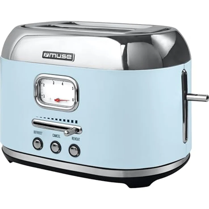 MUSE Retro Toaster, 2 Scheiben, 6 Bräunungsstufen, analoge Anzeige, beleuchtete Tasten, Krümelschublade, pastell blau – Bild 1