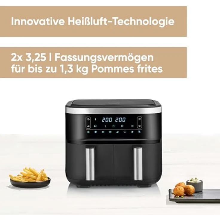 SEVERIN Doppel Heißluftfritteuse mit 2 x 3,8 L Garraum, XXL Heißluftfritteuse für gesundes Kochen, 8 Automatik-Programme, Fritteuse ohne Fett mit Dörrfunktion, 2850 W, schwarz/silber, FR 2453 – Bild 2