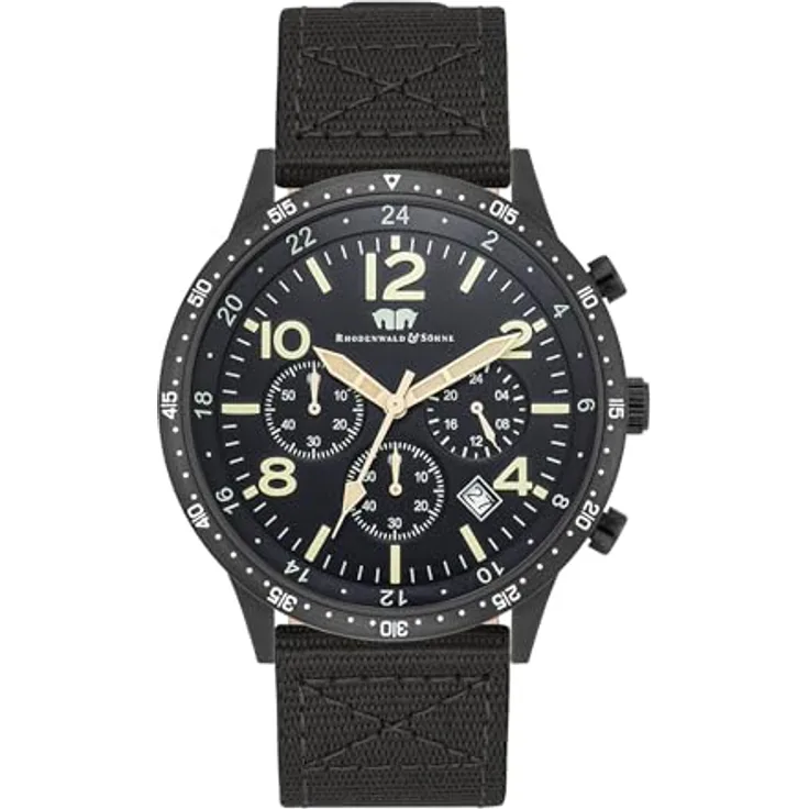 Rhodenwald & Söhne Herren Chronograph Uhr, analoges Quarzwerk, schwarz mit Nylonarmband, wasserdicht bis 5 ATM, 24-h-Anzeige, Stoppfunktion, 10010450