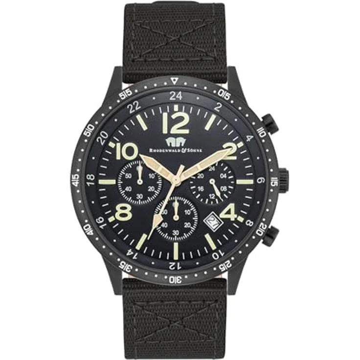 Rhodenwald & Söhne Herren Chronograph Uhr, analoges Quarzwerk, schwarz mit Nylonarmband, wasserdicht bis 5 ATM, 24-h-Anzeige, Stoppfunktion, 10010450 – Bild 1