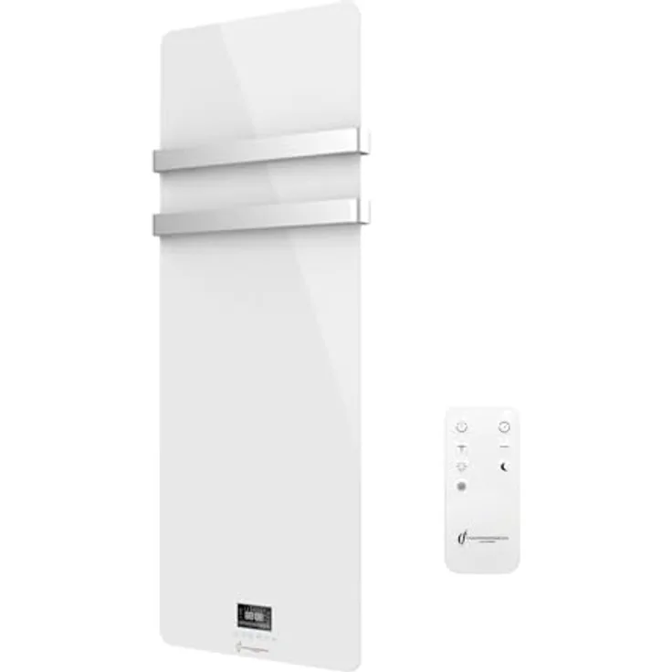 Sannover Elektrischer Glas-Wandhandtuchtrockner Omiros, 850 W mit Touch-LED-Panel und kabelloser Fernbedienung, weiß