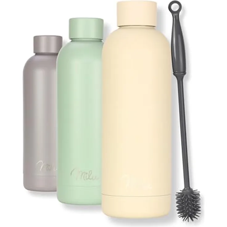 Milu Thermosflasche 500ml, Edelstahl doppelwandig, auslaufsicher, kohlensäuregeeignet, inkl. Reinigungsbürste, Diamond-Sand