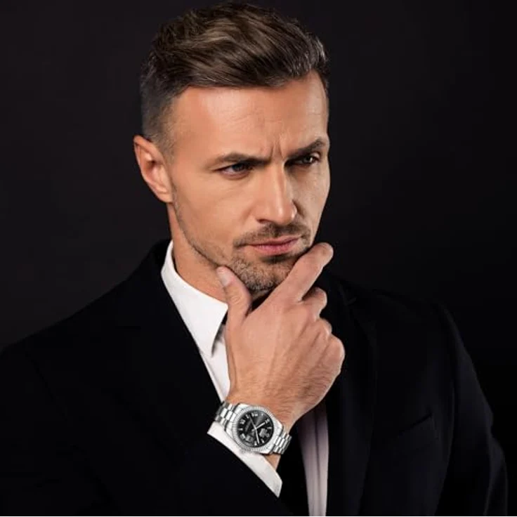 JewelryWe Herrenuhr Edelstahl, 30m wasserdicht, Analog Quarz, Woche & Datum, Leuchtzeiger, schwarzes Zifferblatt mit römischen Ziffern – Bild 5