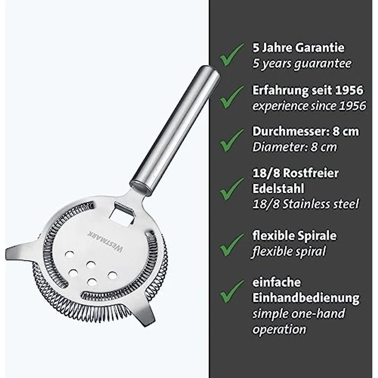 Westmark Barsieb Judy – praktisches Bar-Zubehör zum Mixen von Cocktails, siebt Fruchtstücke und Kräuter aus Drinks heraus, Cocktail-Strainer für Shaker – Edelstahl 18/8 – Bild 3