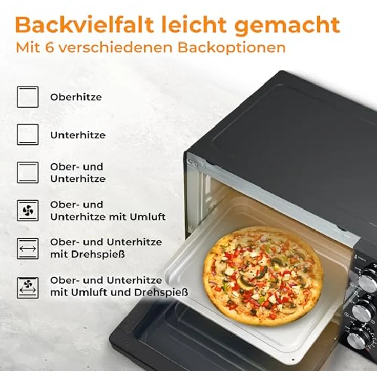 KLAMER Minibackofen mit Umluft, 30 Liter, 6 Backfunktionen, 70-230°C, 120 min. Timer, Drehspieß und umfangreiches Zubehör, Schwarz – Bild 2