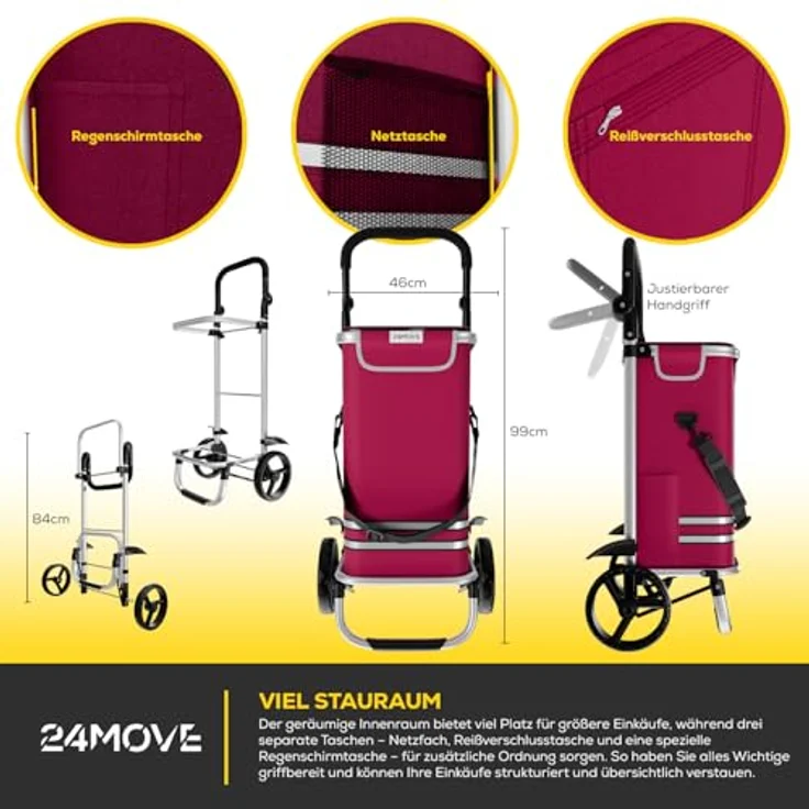 24MOVE® Vehlo Einkaufstrolley klappbar mit 55L Kühlfach, faltbarer 3in1 Trolley - Sackkarre und Tasche, bis 30kg belastbar, rot – Bild 2