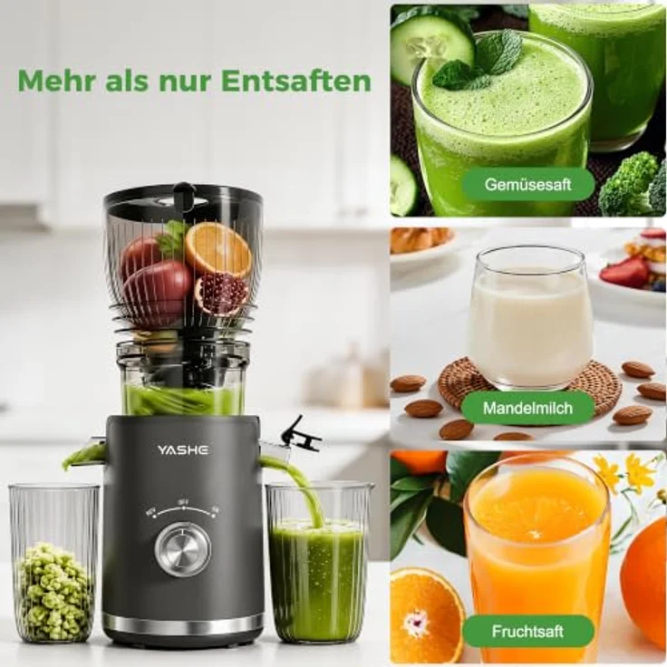 YASHE Slow Juicer, 300W Entsafter mit 148 mm Einfüllschacht für ganze Früchte, BPA-frei, ideal für Nussmilch & Saft, leicht zu reinigen – Bild 3